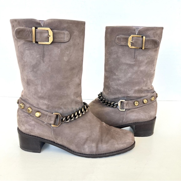 STUART WEITZMAN Citylink Taupe Suede Metal Link Chain Moto Biker Boots Sz 7.5 W - Picture 14 of 14